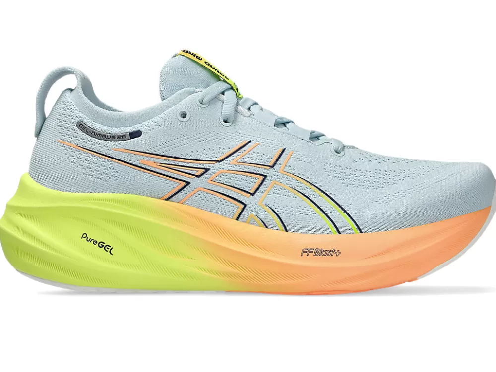 Running^Asics GEL-Nimbus 26 Paris Womens Cool Grey/Safety Yellow