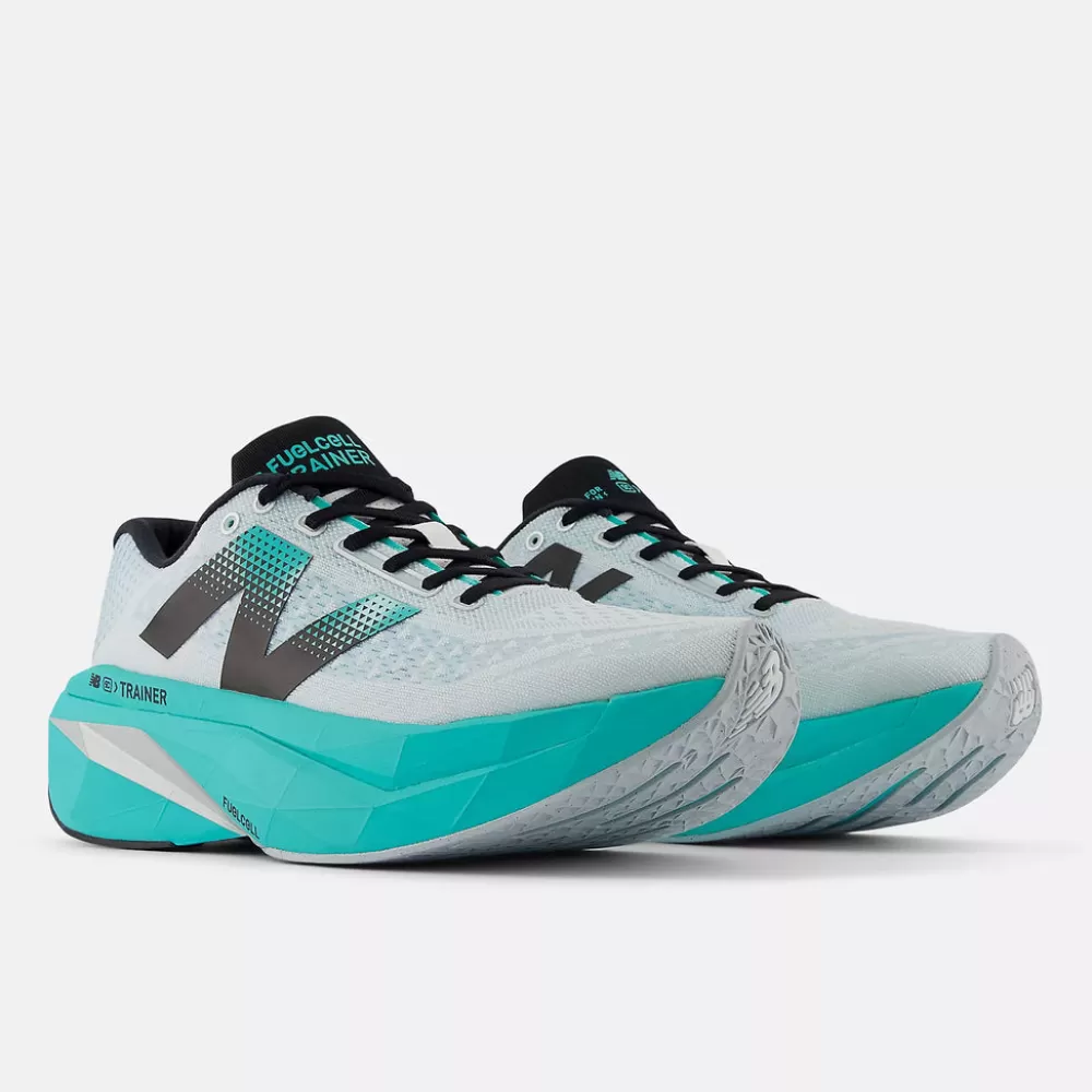 Running^New Balance FuelCell SuperComp Trainer v3 Womens White with Cyber Jade and Silver Metallic